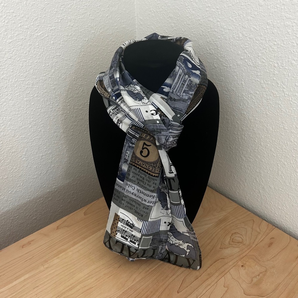 Kenneth Cole New York Silk Scarf Rome Italy Travel Map‎ Print Grey Blue USA Made